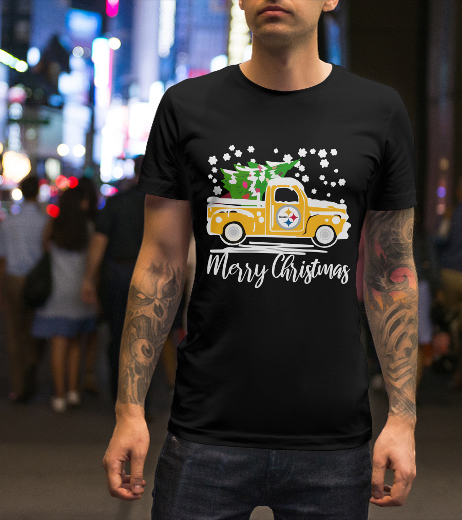 Pittsburgh Steelers Merry Christmas Vintage Car With Christmas Tree T-Shirt