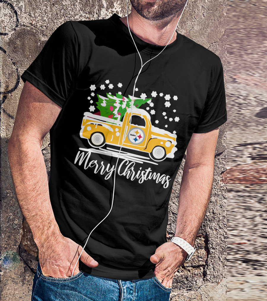 Pittsburgh Steelers Merry Christmas Vintage Car With Christmas Tree T-Shirt