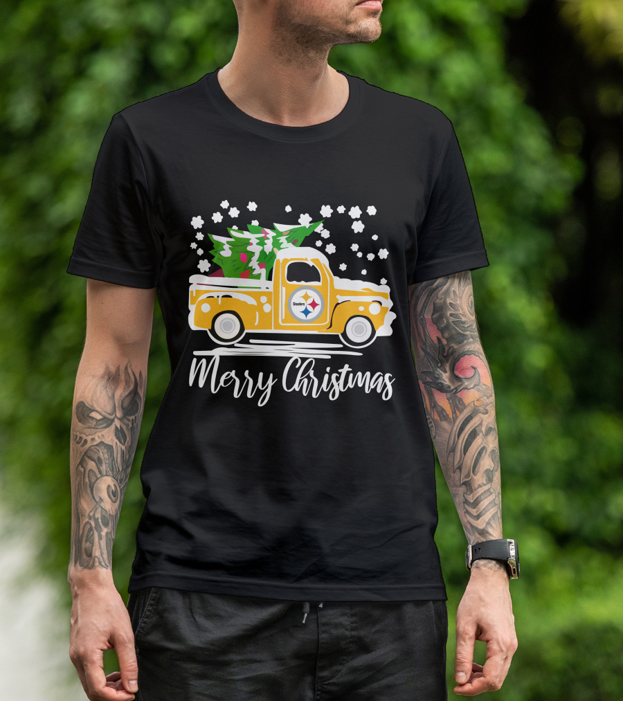 Pittsburgh Steelers Merry Christmas Vintage Car With Christmas Tree T-Shirt