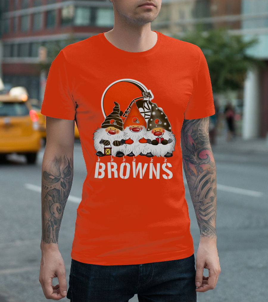 Cleveland Browns Merry Christmas Happy Holidays with Gnome Trio and Football Helmets T-Shirt