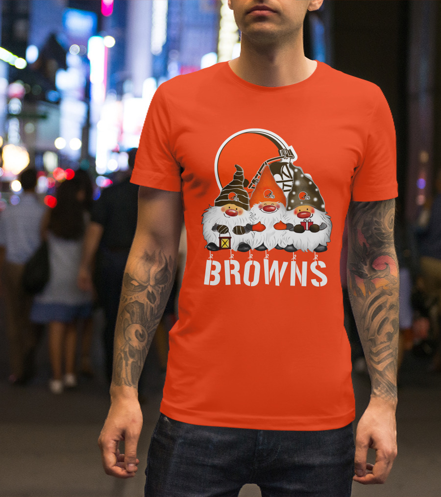 Cleveland Browns Merry Christmas Happy Holidays With Gnome Trio And Football Helmets T-Shirt