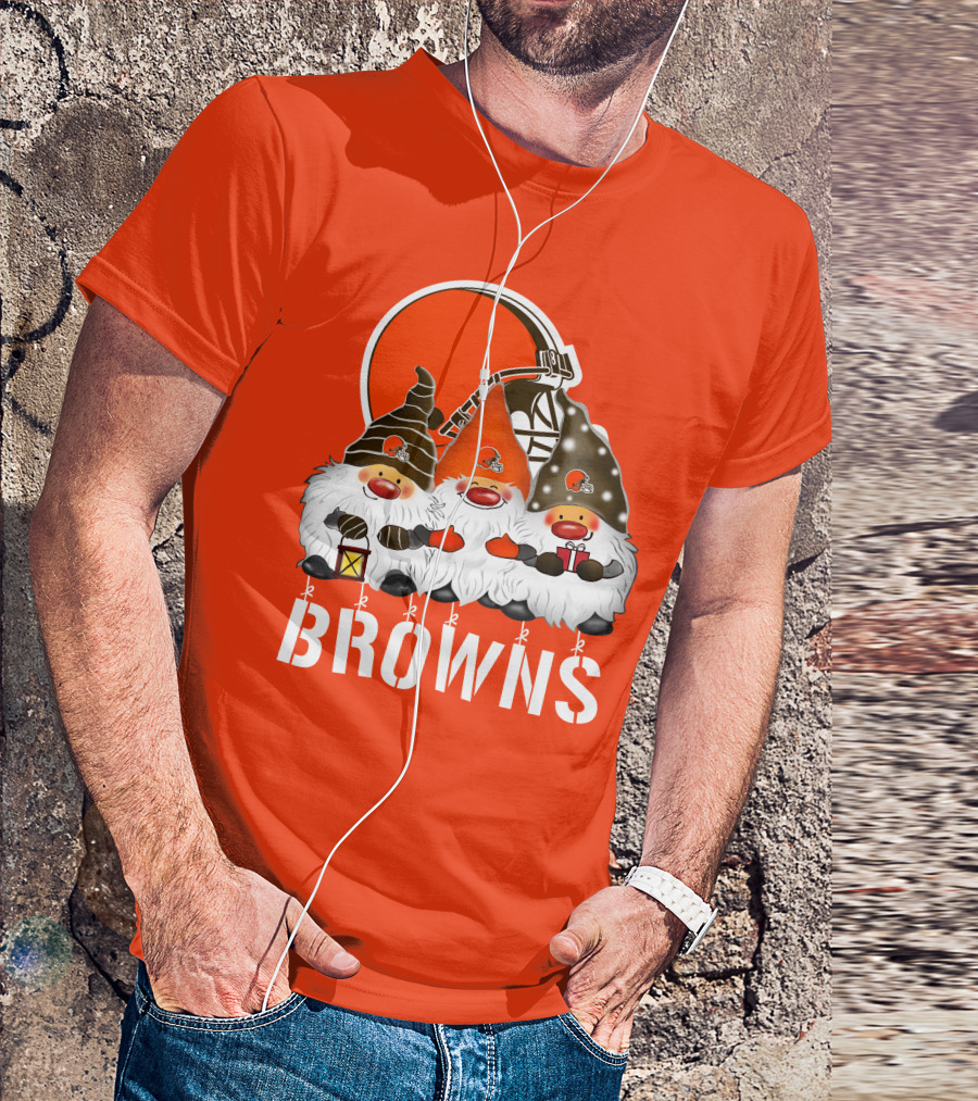 Cleveland Browns Merry Christmas Happy Holidays With Gnome Trio And Football Helmets T-Shirt