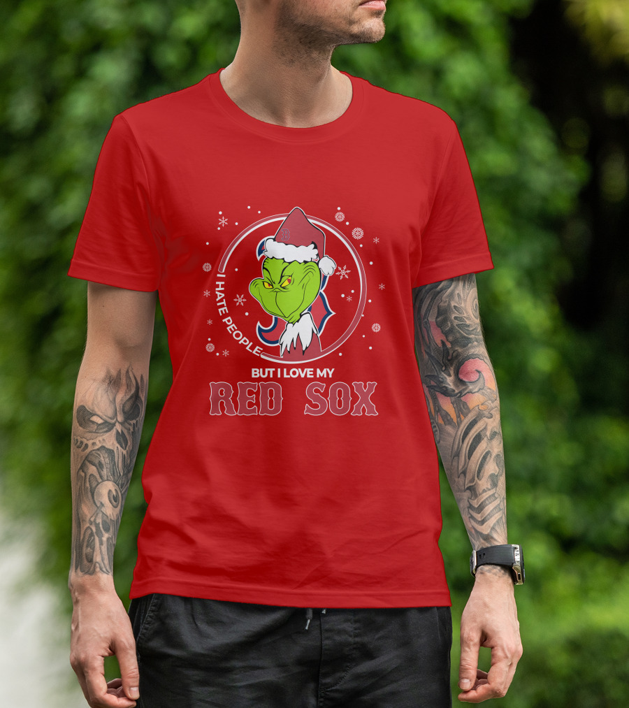 Christmas Grinch Santa I Hate People But I Love My Red Sox T-Shirt