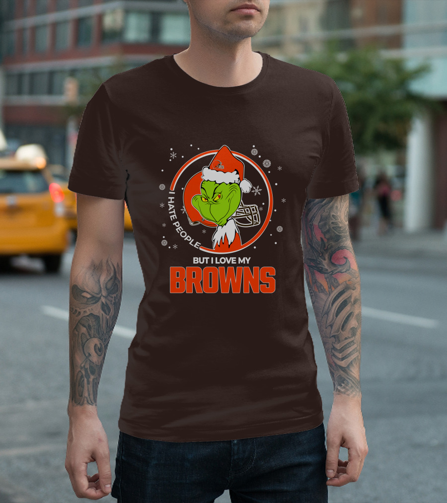 I Hate People But I Love My Cleveland Browns Grinch Santa Christmas T-Shirt