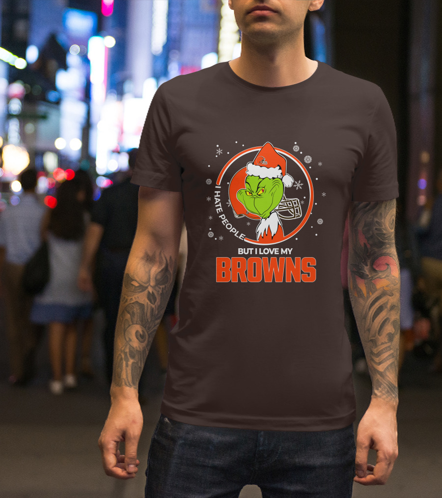 I Hate People But I Love My Cleveland Browns Grinch Santa Christmas T-Shirt