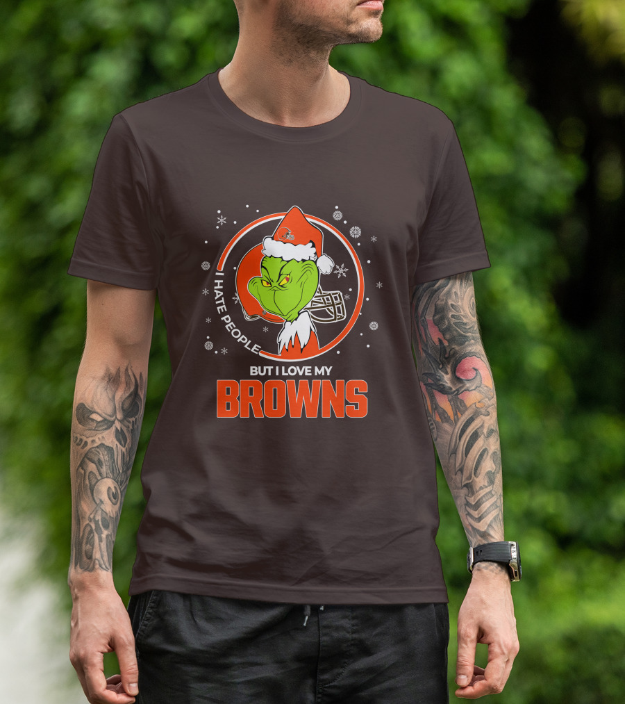 I Hate People But I Love My Cleveland Browns Grinch Santa Christmas T-Shirt