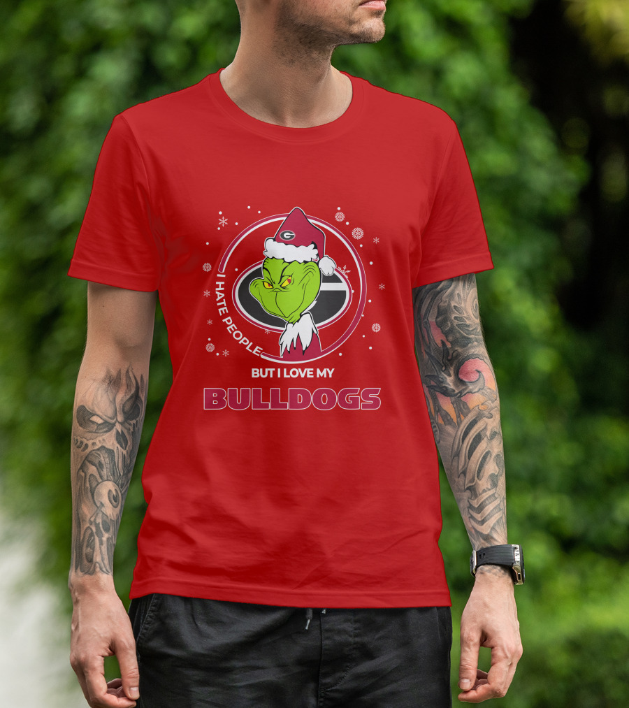 Christmas Grinch Santa I Hate People But I Love My Bulldogs Georgia T-Shirt