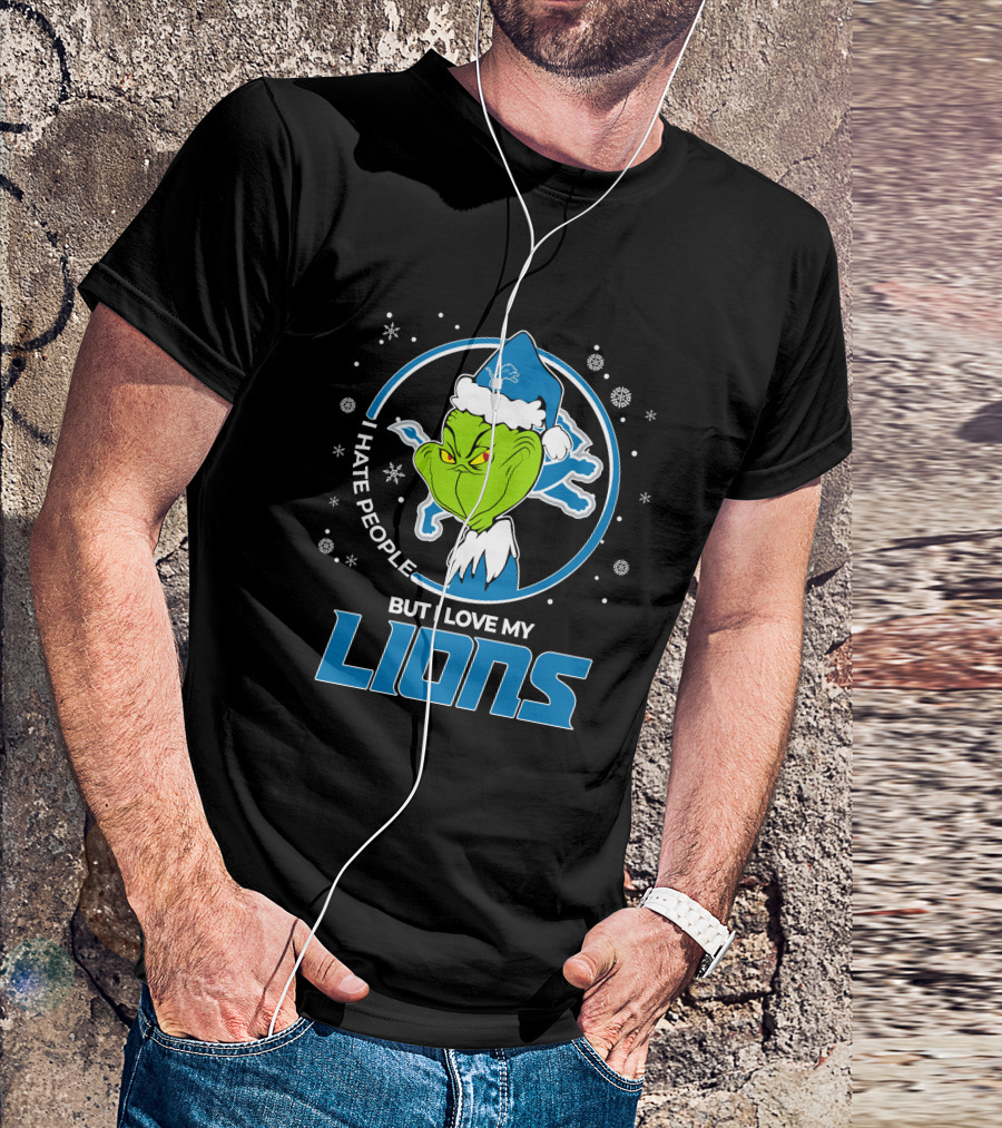 I Hate People But I Love My Detroit Lions Grinch Santa Christmas T-Shirt