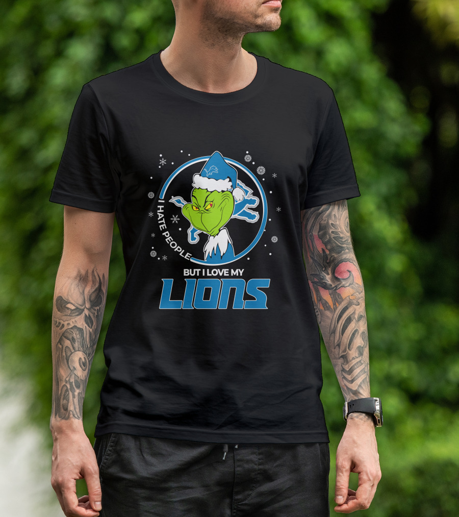 I Hate People But I Love My Detroit Lions Grinch Santa Christmas T-Shirt
