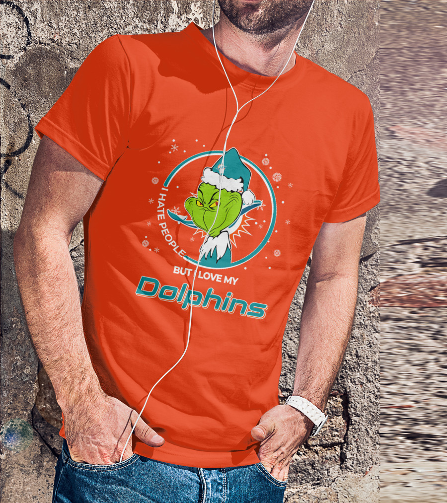 Christmas Grinch Santa I Hate People But I Love My Dolphins Miami Dolphins T-Shirt