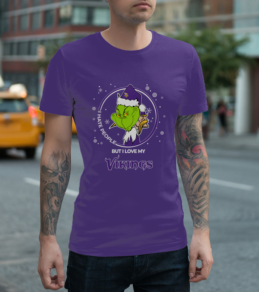 Christmas Grinch Santa I Hate People But I Love My Vikings T-Shirt
