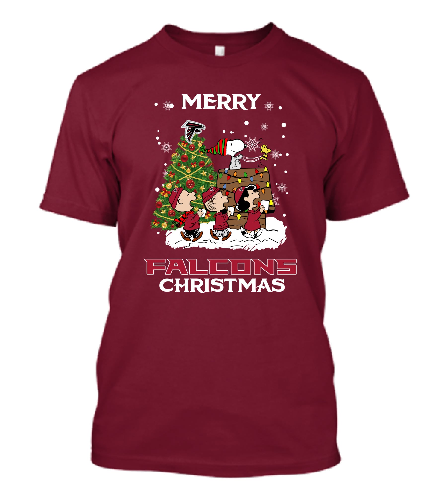 Merry Falcons Christmas Peanuts Tree Atlanta Snowflakes T-Shirt
