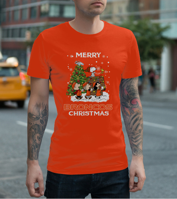 Merry Broncos Christmas Peanuts Tree Theme T-Shirt