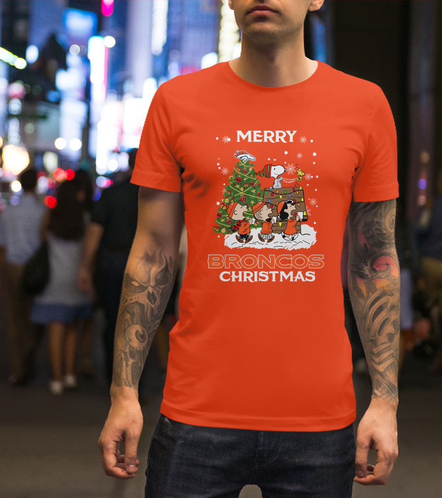 Merry Broncos Christmas Peanuts Tree Theme T-Shirt