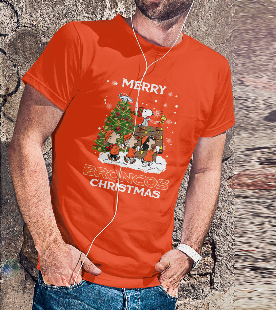 Merry Broncos Christmas Peanuts Tree Theme T-Shirt