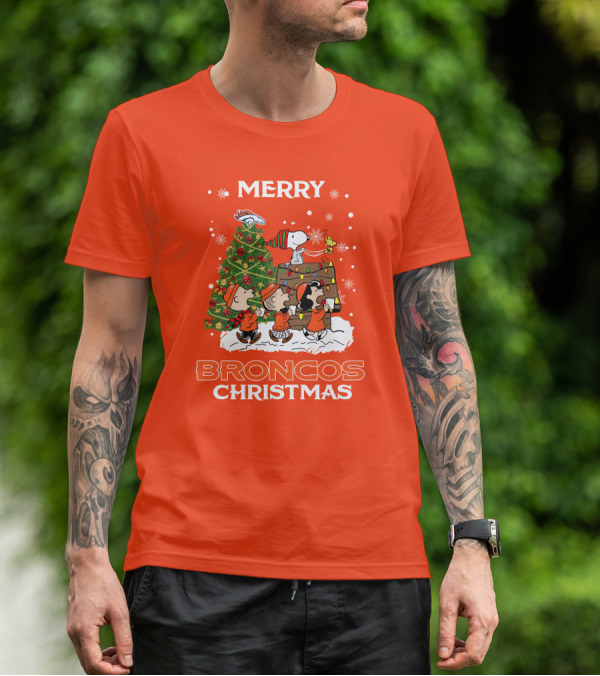 Merry Broncos Christmas Peanuts Tree Theme T-Shirt