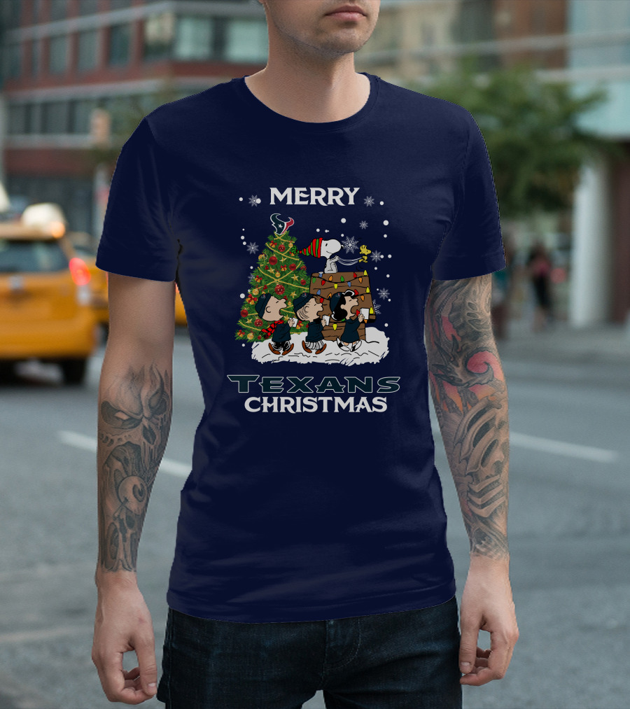 Merry Texans Christmas Peanuts Tree With Snoopy And Houston T-Shirt