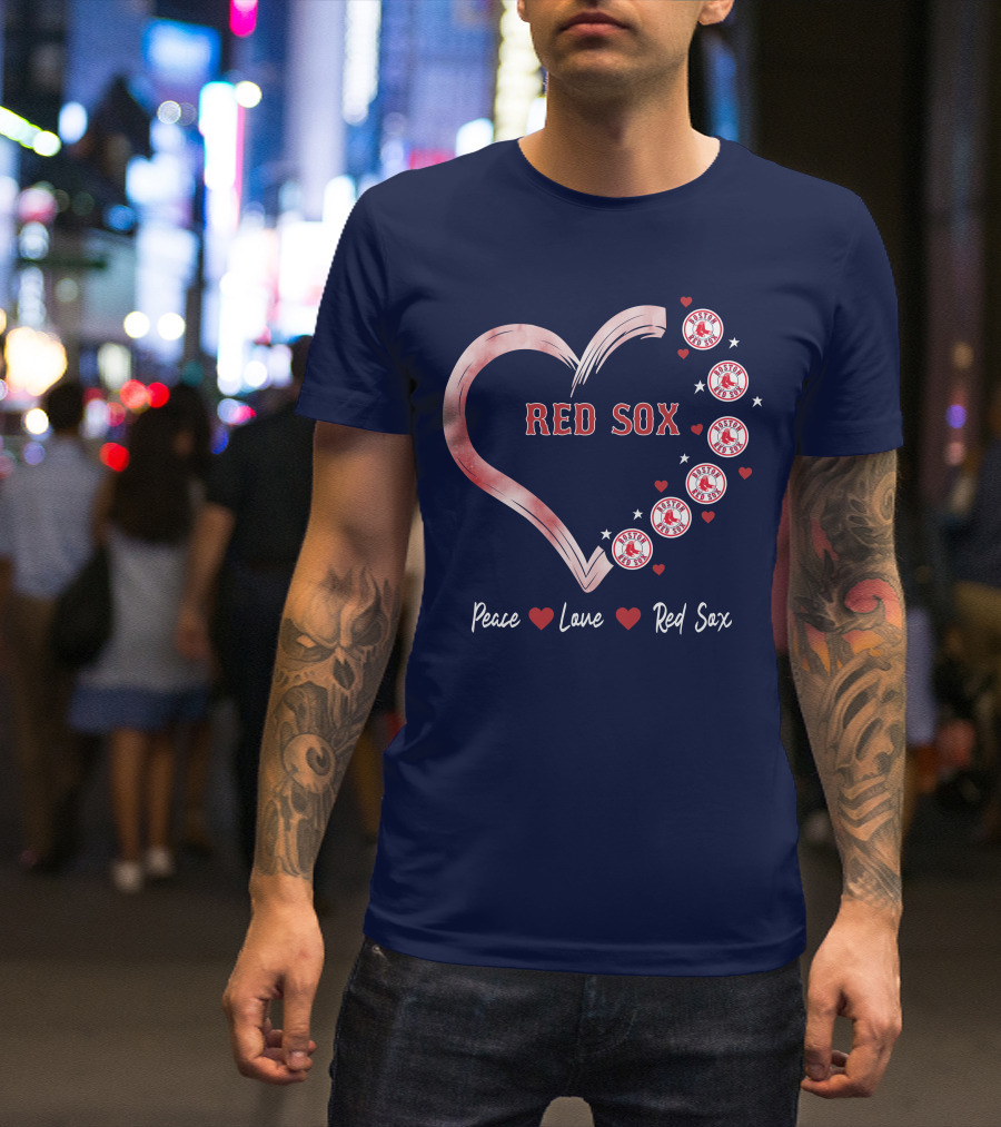 Peace Love Red Sox Heart With Boston Red Sox Logos And Stars T-Shirt