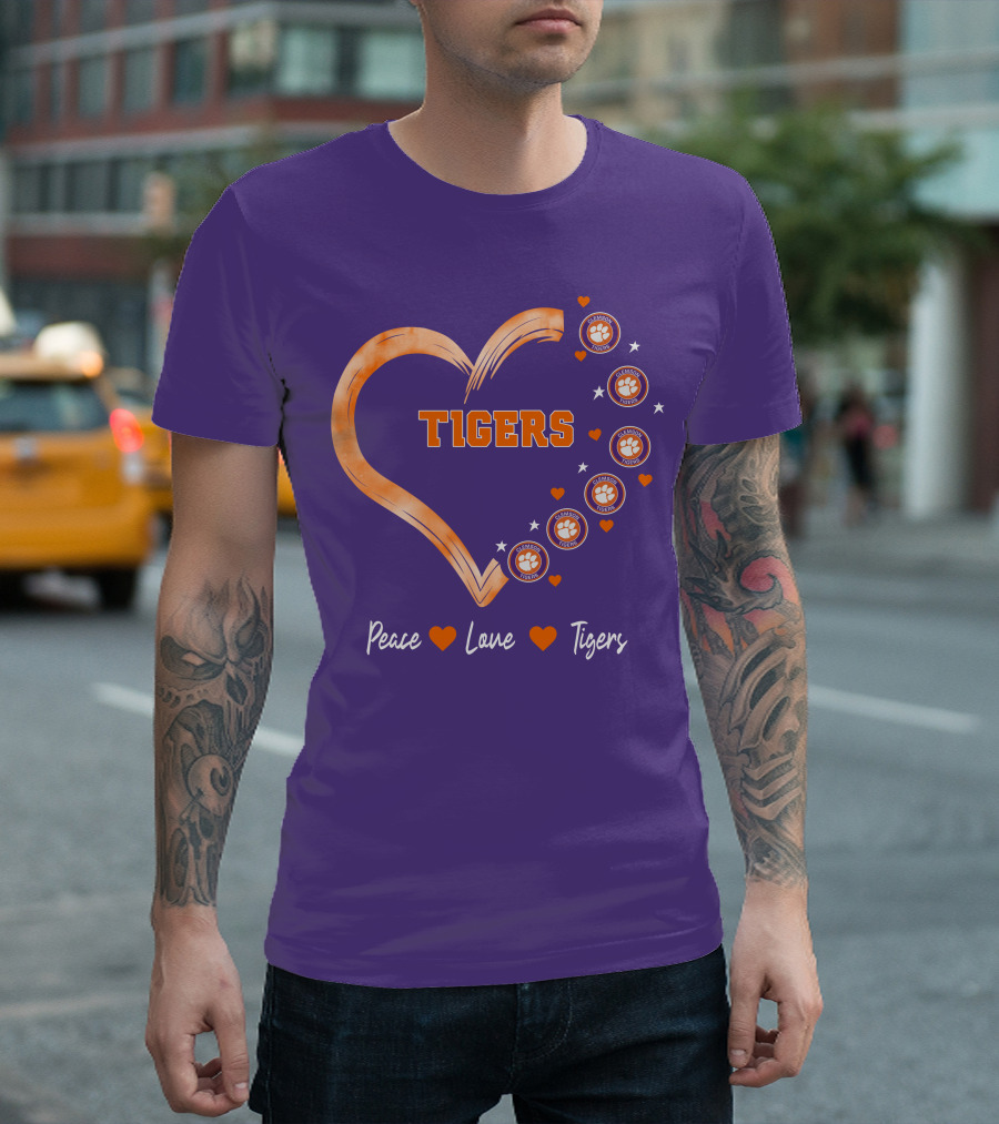Peace Love Clemson Football Tigers Heart Paw Prints T-Shirt