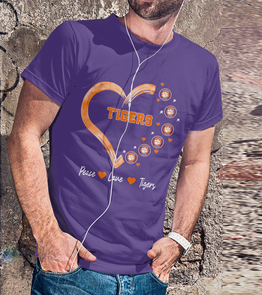 Peace Love Clemson Football Tigers Heart Paw Prints T-Shirt