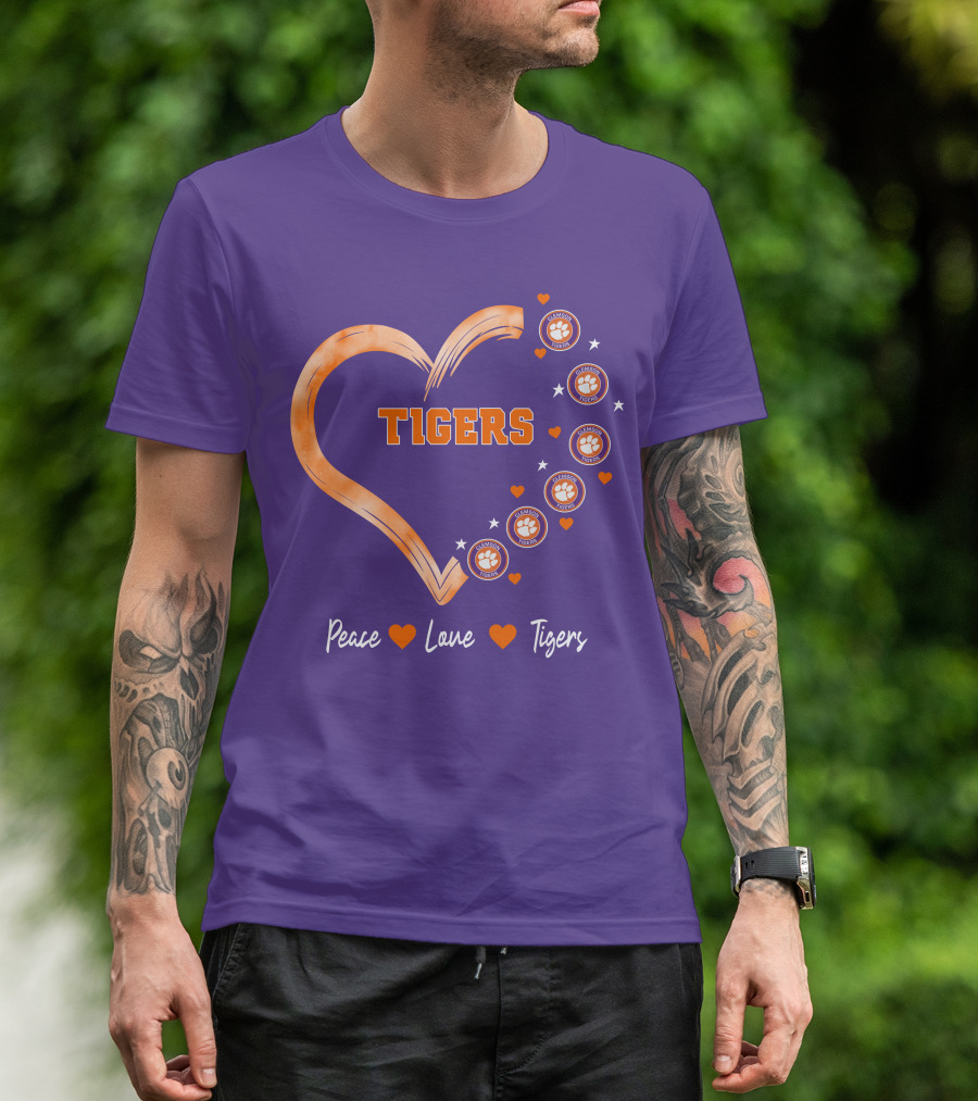 Peace Love Clemson Football Tigers Heart Paw Prints T-Shirt