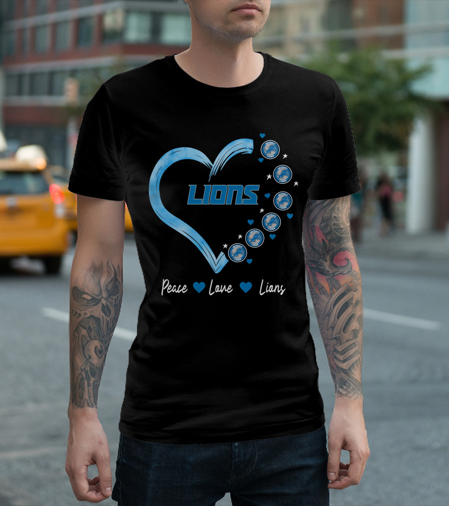 Peace Love Detroit Lions Retro Heart Fan Emblem T-Shirt