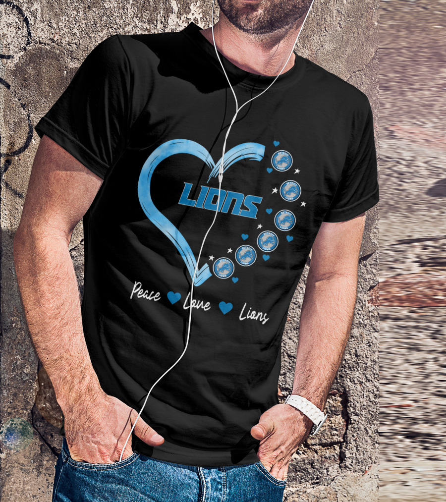 Peace Love Detroit Lions Retro Heart Fan Emblem T-Shirt
