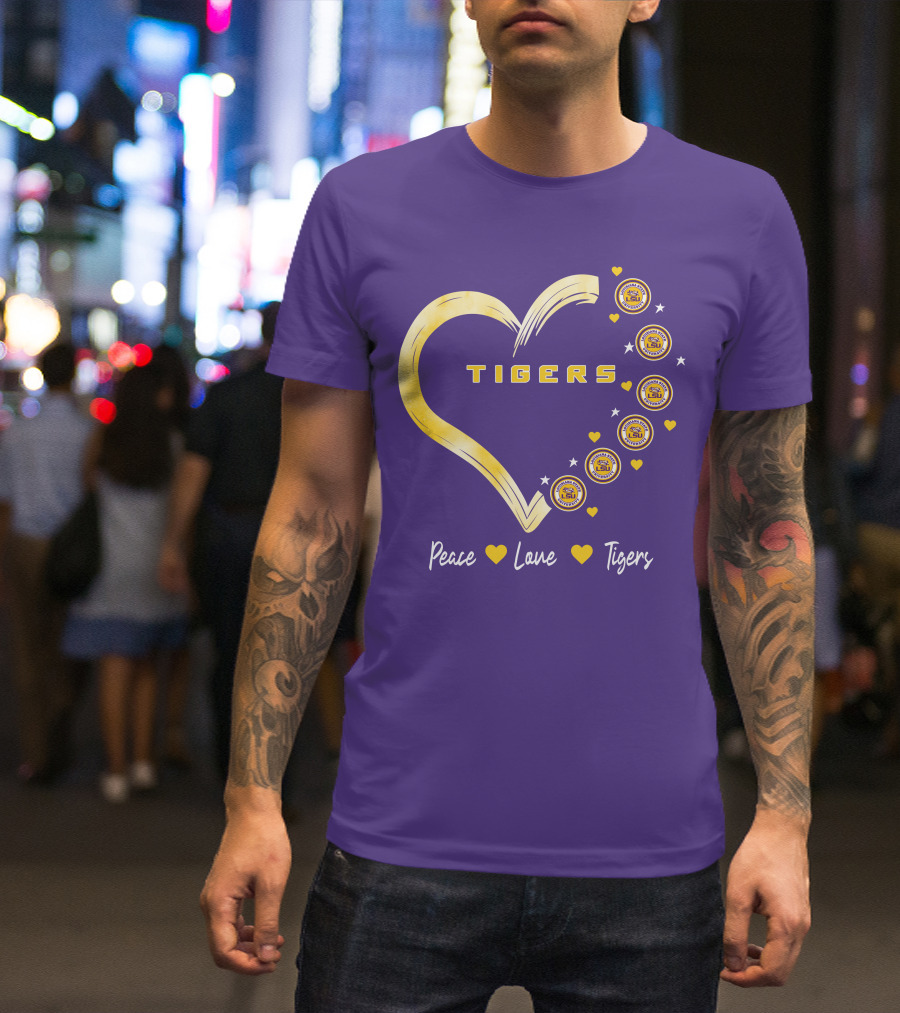 Peace Love LSU Tigers Heart Design With Logo Elements T-Shirt