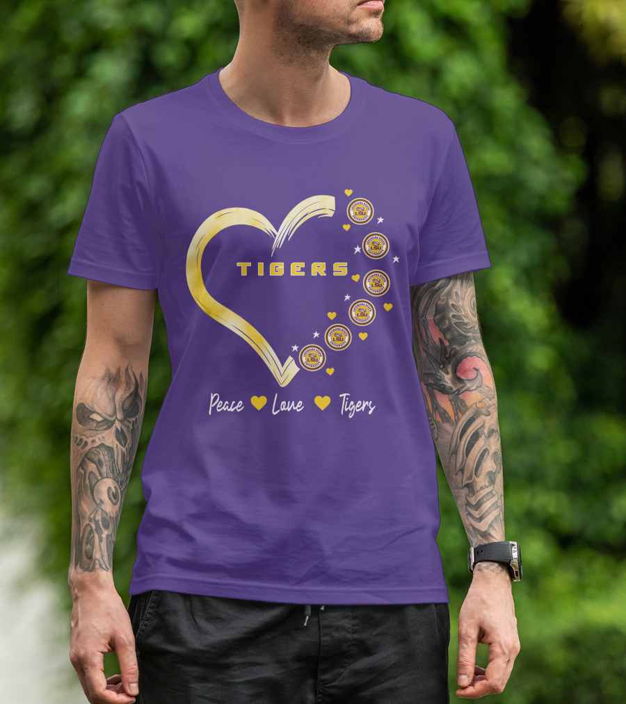 Peace Love LSU Tigers Heart Design With Logo Elements T-Shirt