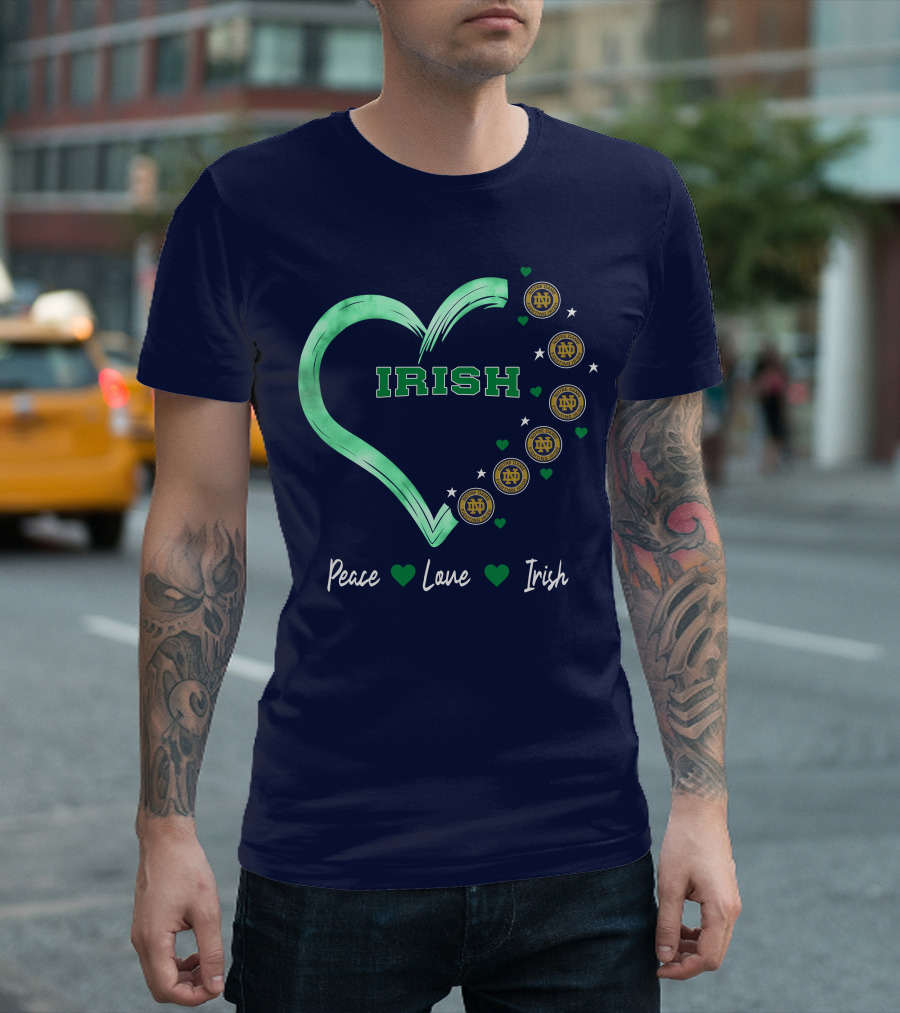 Peace Love Irish Notre Dame Fighting Irish Logos And Heart T-Shirt