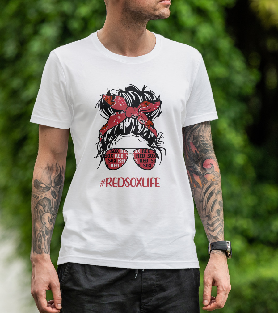 Boston Red Sox Messy Bun Girl With Headband Glasses #Redsoxlife T-Shirt