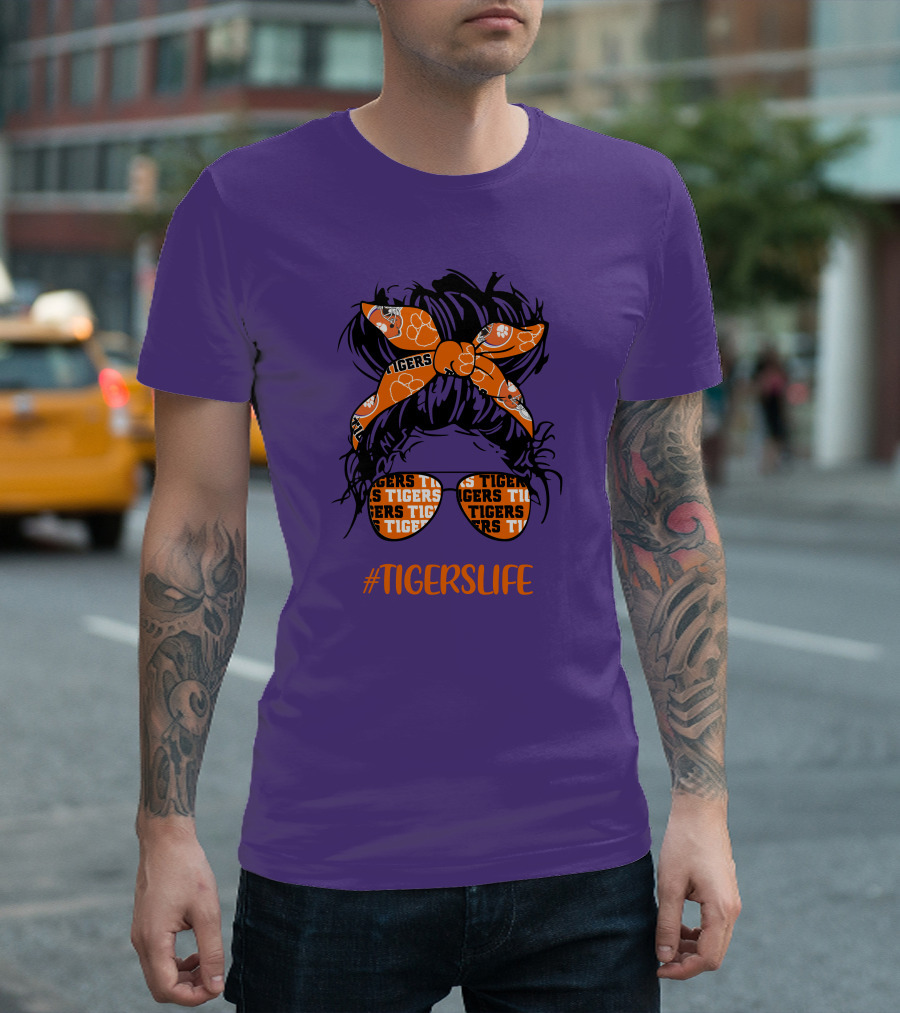 TigersLife Clemson Tigers Messy Bun Girl With Headband And Glasses T-Shirt
