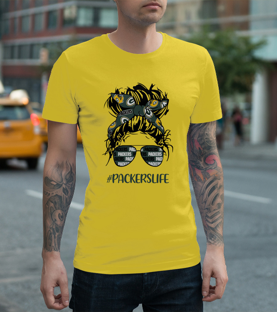 PACKERSLIFE Messy Bun Girl With Packers Headband And Glasses T-Shirt