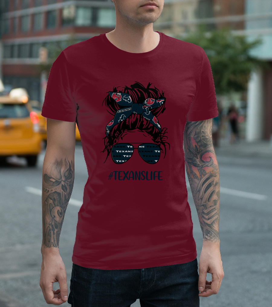 Houston Texans Hashtag Texanslife Messy Bun Headband Glasses T-Shirt
