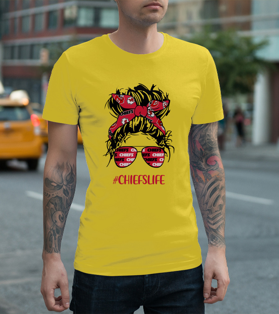 Kansas City Chiefs Life Messy Bun Girl With Chiefs Headband and CHIEFS Glasses T-Shirt