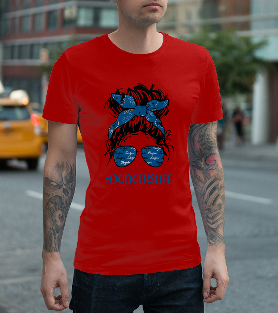 DODGERSLIFE Messy Bun Girl With Dodgers Headband And Glasses T-Shirt