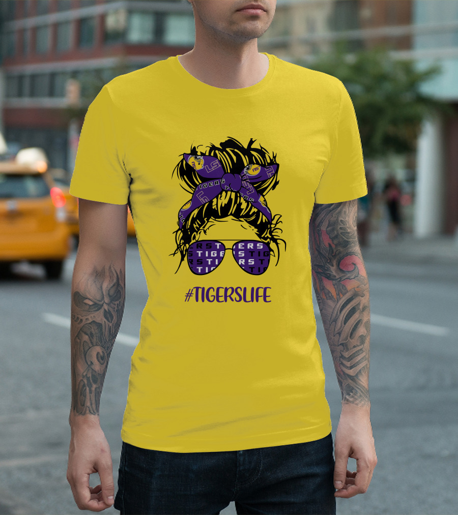 TIGERSLIFE LSU Messy Bun Girl Headband Glasses T-Shirt
