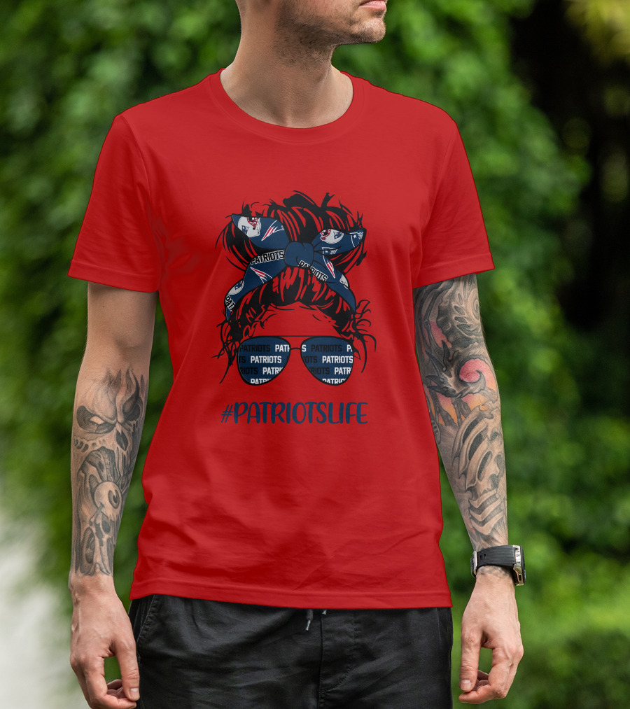 PATRIOTSLIFE New England Patriots Messy Bun Girl Headband Glasses T-Shirt