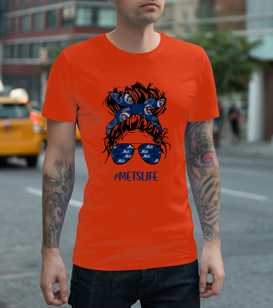 New York Mets Life Messy Bun Girl Headband Glasses #MetsLife T-Shirt
