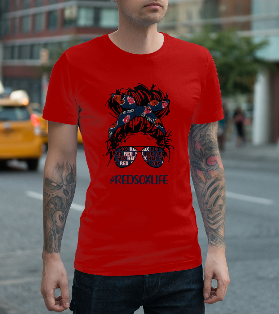 REDSOXLIFE Messy Bun Girl With Headband and Glasses T-Shirt