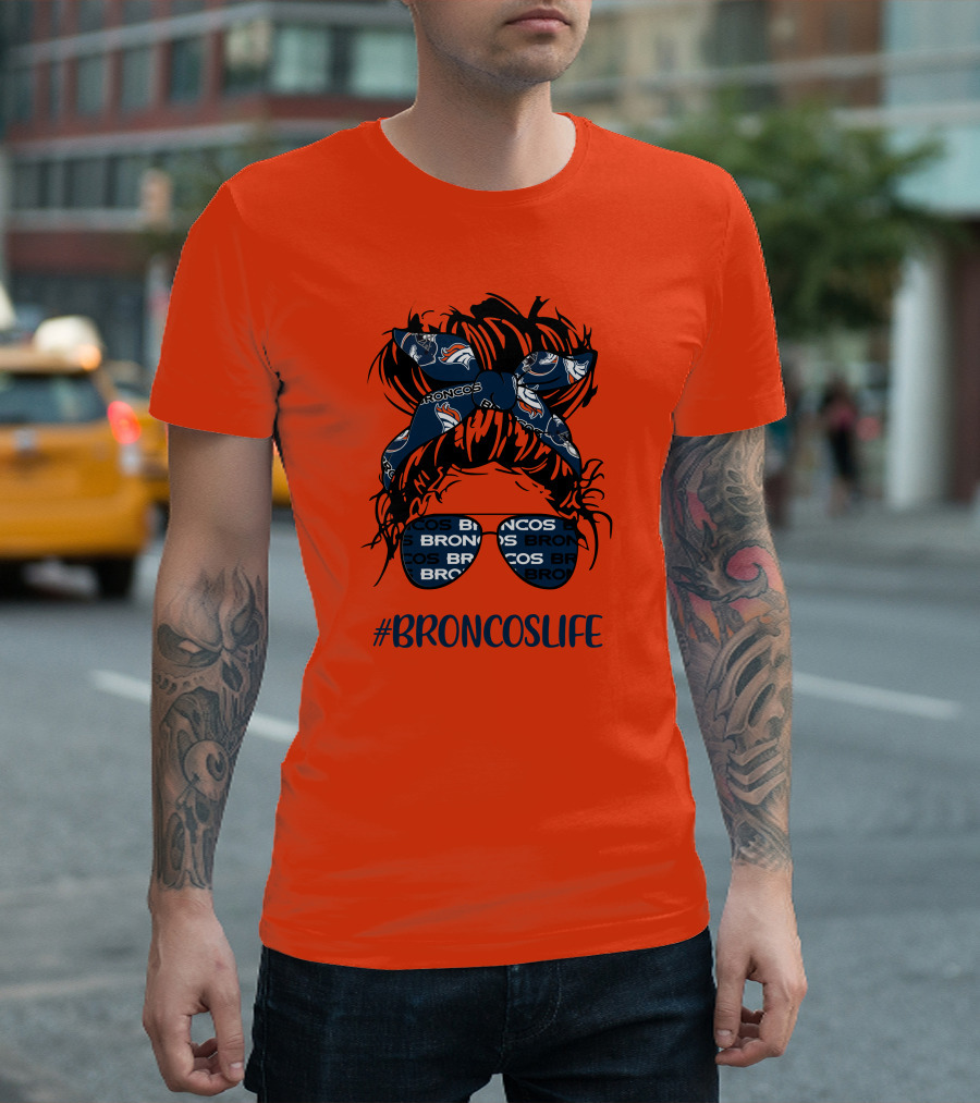 BroncosLife Messy Bun Girl With Broncos Headband And Glasses T-Shirt