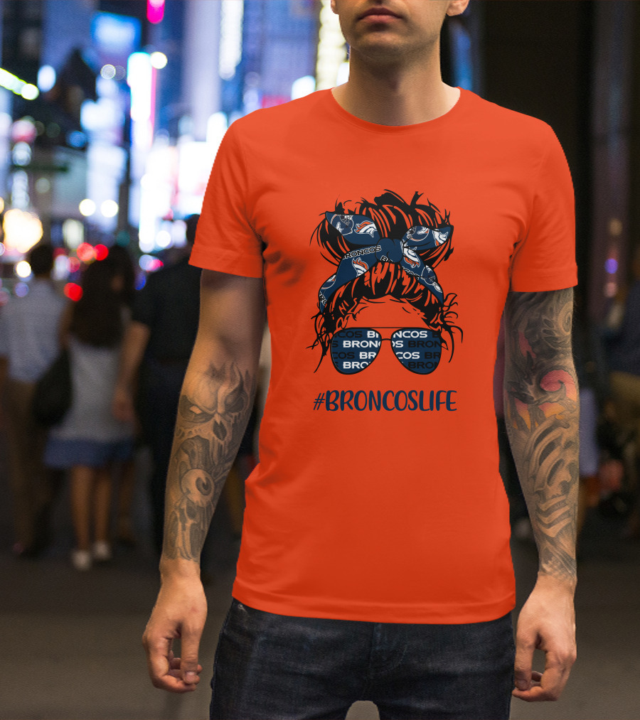BroncosLife Messy Bun Girl With Broncos Headband And Glasses T-Shirt