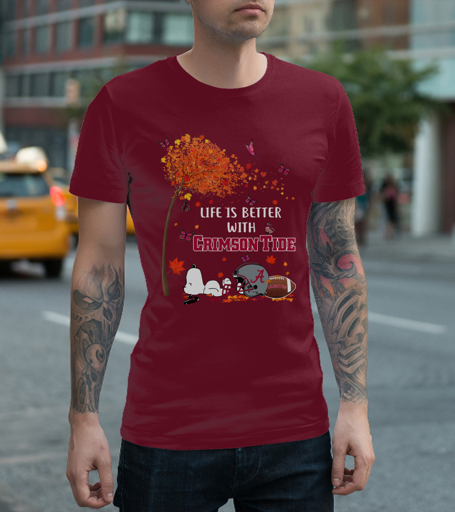 Life Is Better With Crimson Tide Alabama Football Autumn Leaves Butterflies Snoopy Woodstock T-Shirt