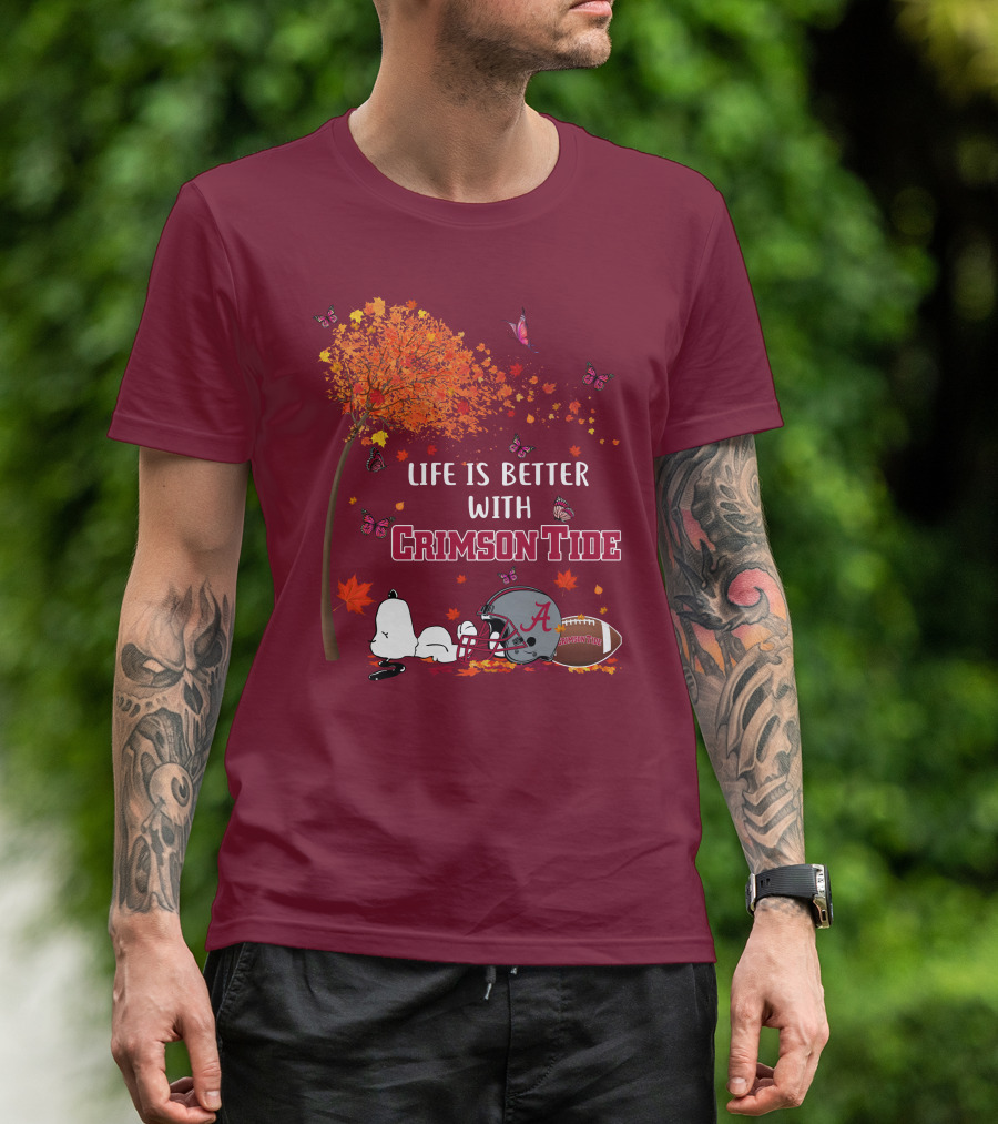 Life Is Better With Crimson Tide Alabama Football Autumn Leaves Butterflies Snoopy Woodstock T-Shirt