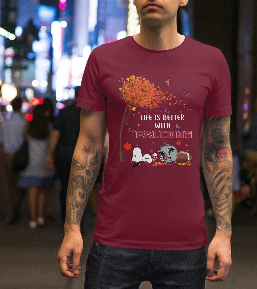 Life Is Better With Falcons Autumn Leaves Helmet Football Snoopy T-Shirt