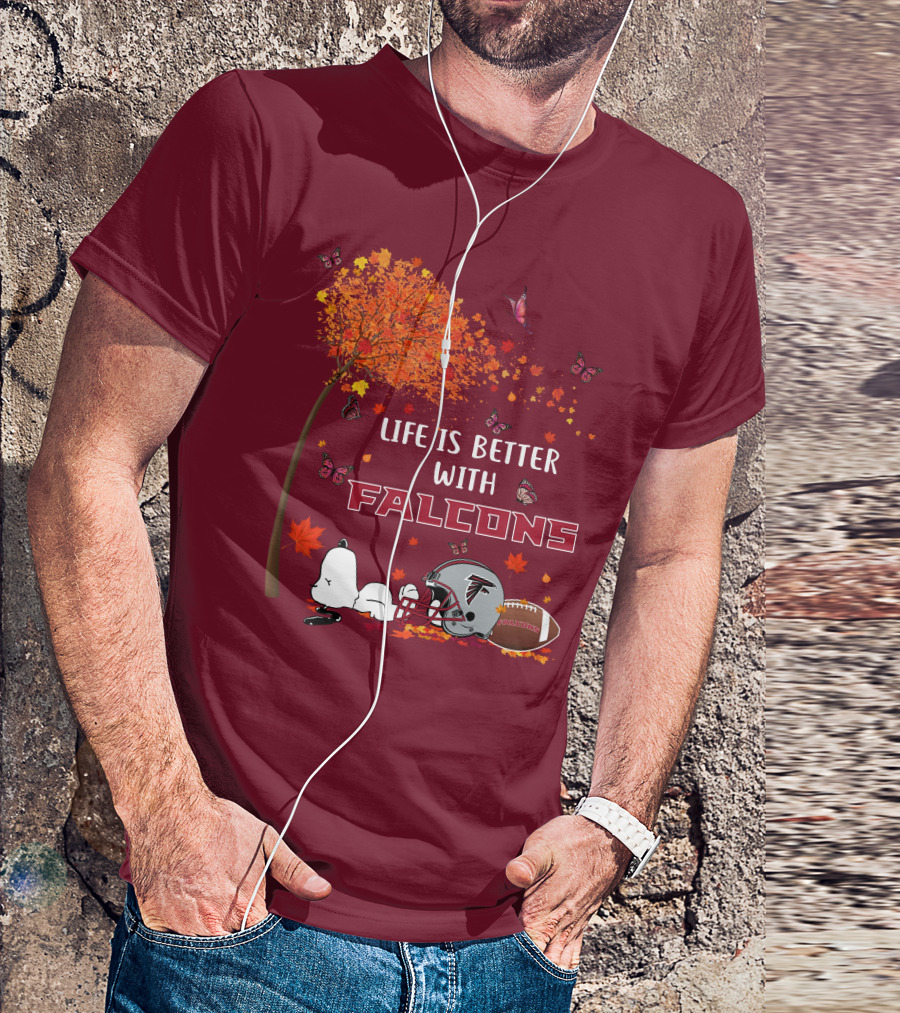 Life Is Better With Falcons Autumn Leaves Helmet Football Snoopy T-Shirt