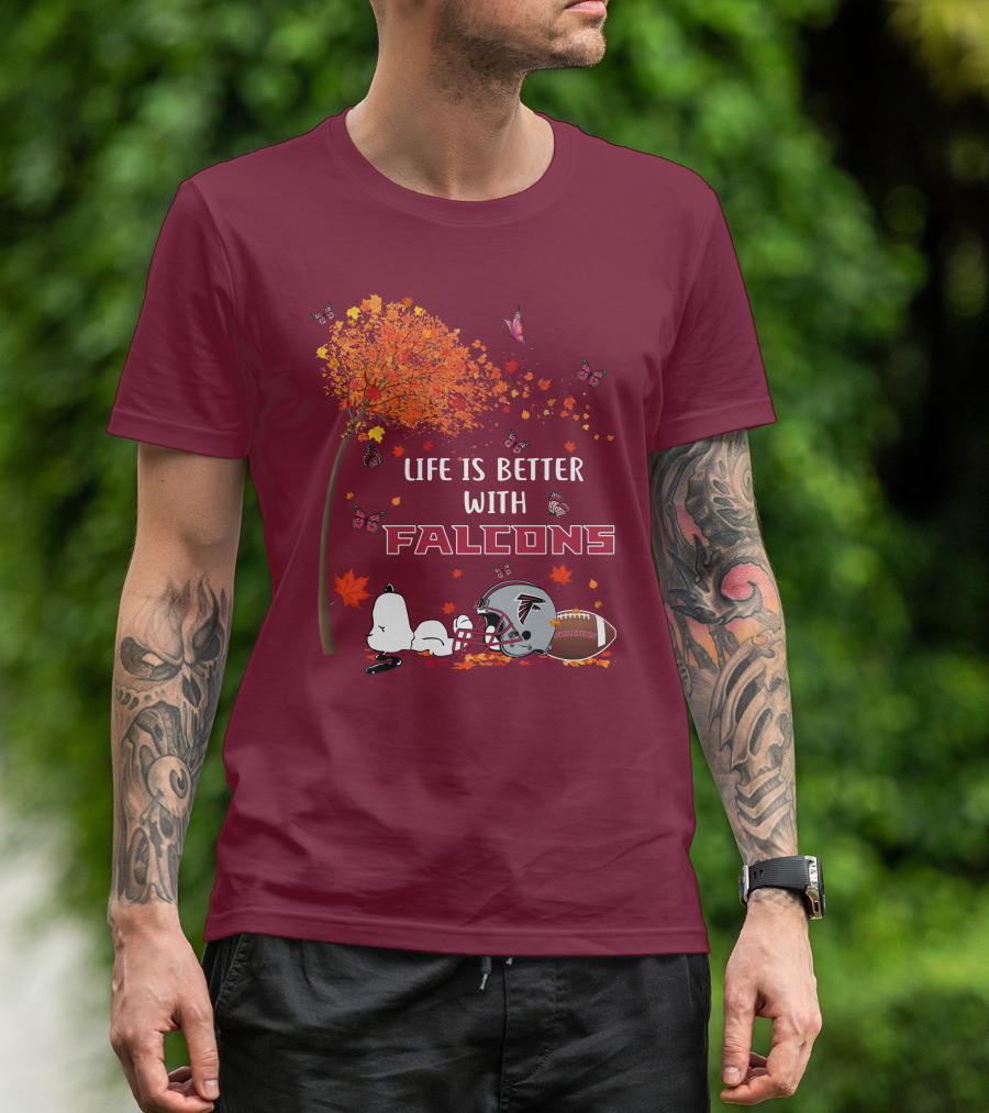 Life Is Better With Falcons Autumn Leaves Helmet Football Snoopy T-Shirt