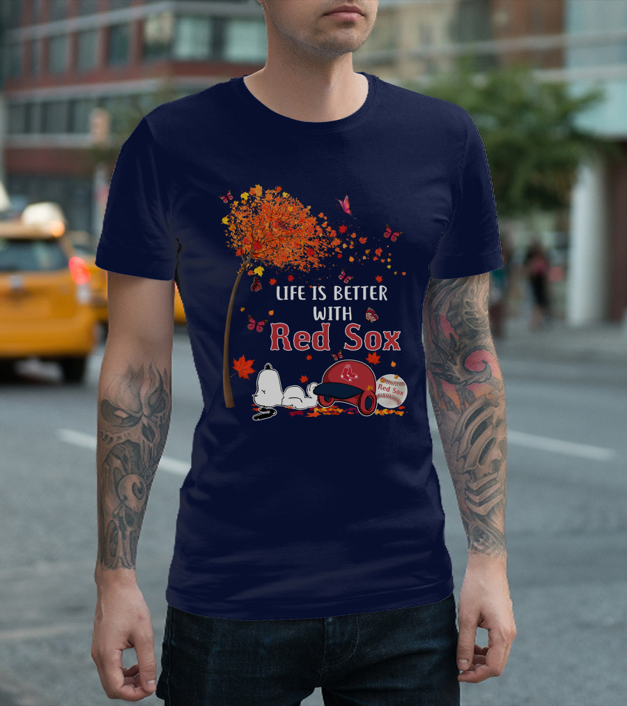 Life is Better with Red Sox Tree Butterflies Baseball T-Shirt
