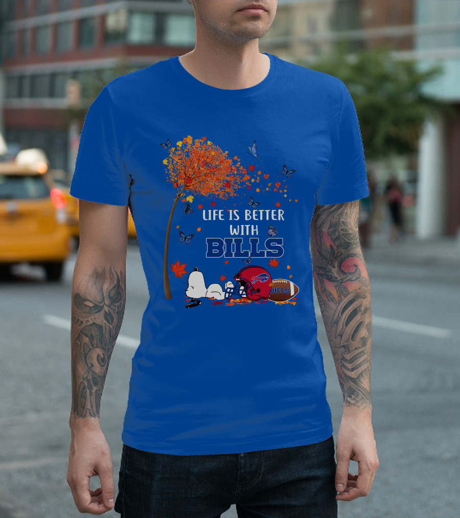 Life Is Better With Bills Buffalo Helmet And Football Under Autumn Tree With Snoopy And Butterflies T-Shirt