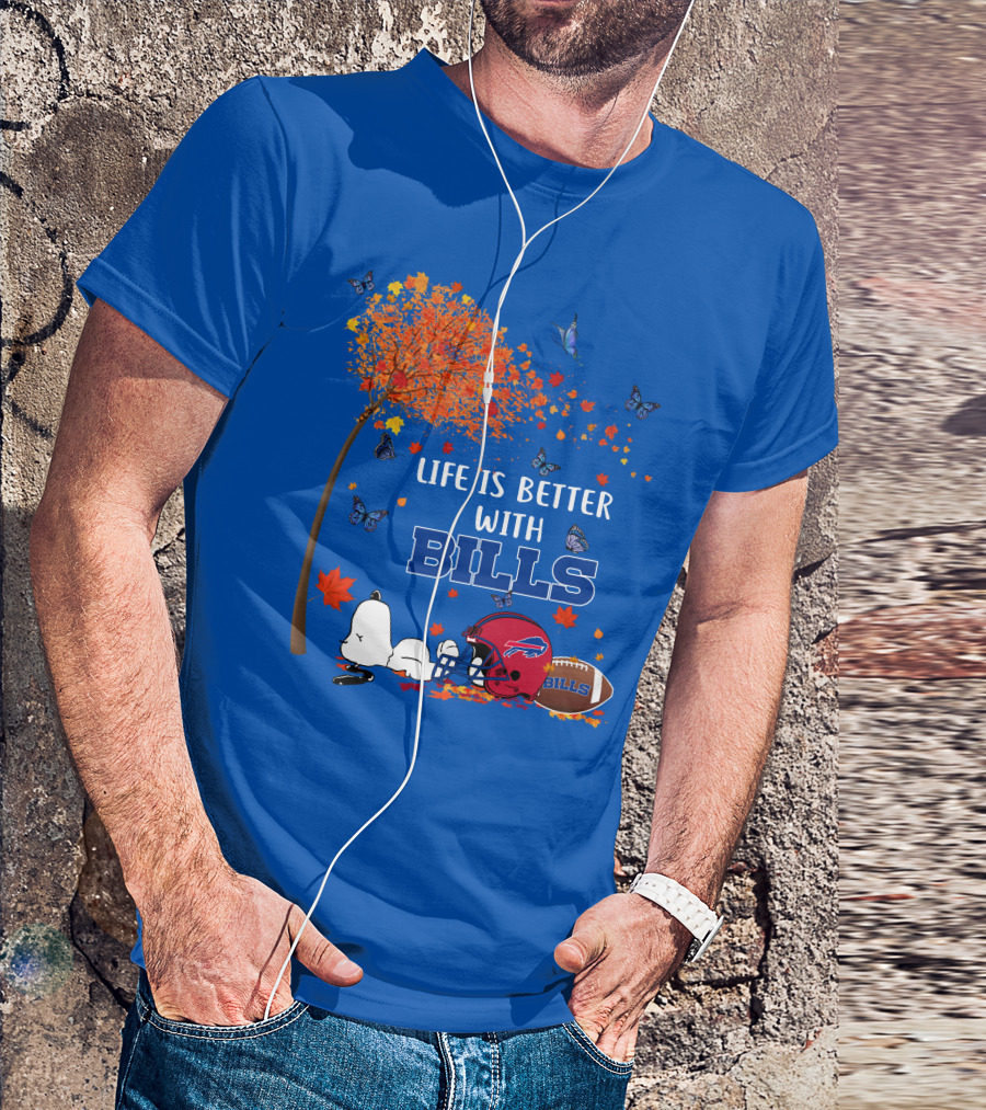 Life Is Better With Bills Buffalo Helmet And Football Under Autumn Tree With Snoopy And Butterflies T-Shirt